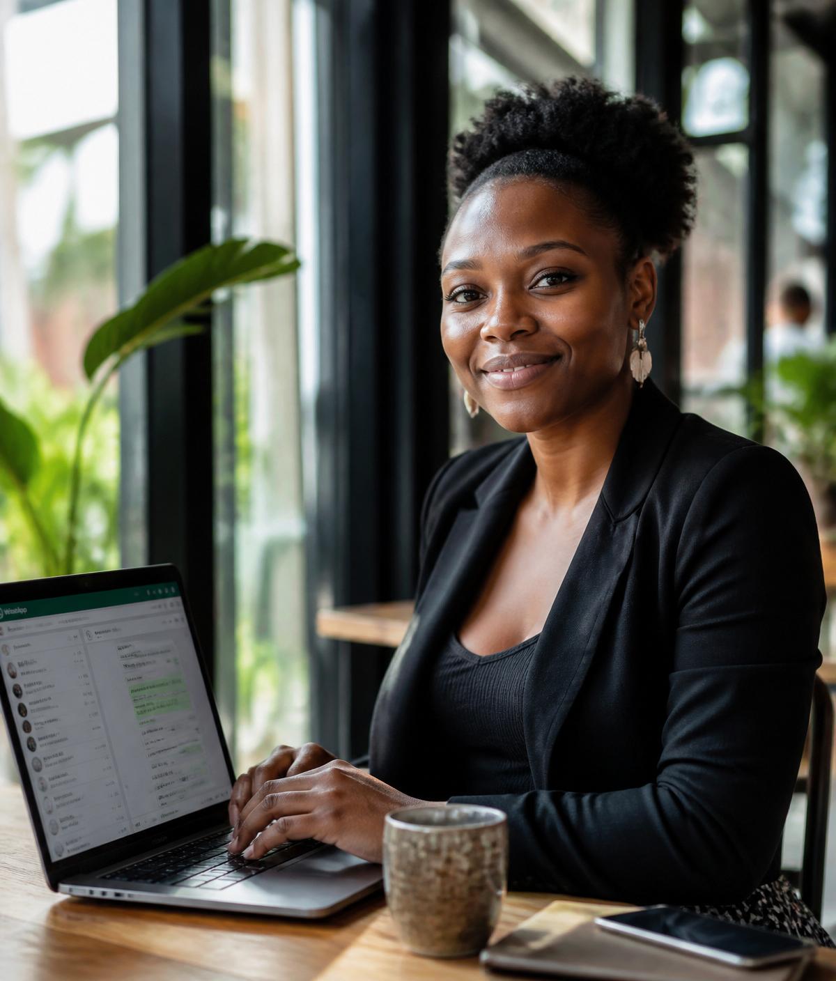 Empresária africana a usar a MzansiBot num café moderno em Maputo